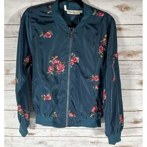 Available by Angela Fashion Embroidered Satin Bomber Jacket Floral Rose Size Med